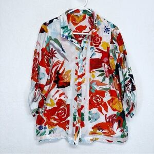 John Mark Top Shirt Blouse Size Small 3/4 Cinched Sleeve Floral Wired Artsy Art